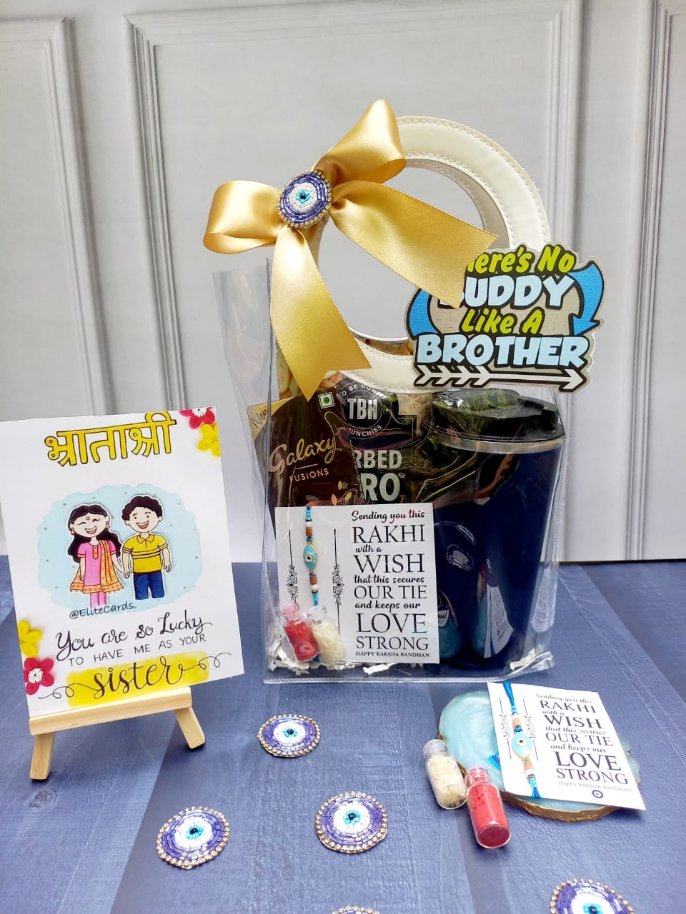Personalised Rakhi Hamper for Brother – Temp Bottle, Chocolate, Rakhi & Self-Care Essentials
