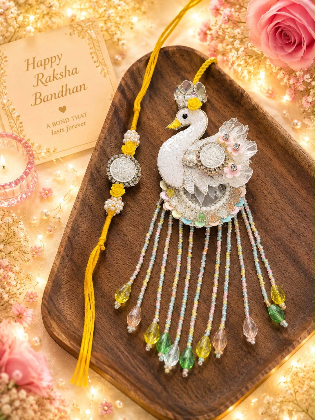 A decorative Rakhi with a white peacock motif, silver embellishments, and dangling multicolored beads, displayed on a wooden tray with a yellow tassel. A matching beaded bracelet and a 'Happy Raksha Bandhan' card are arranged around it with pink roses and warm fairy lights.