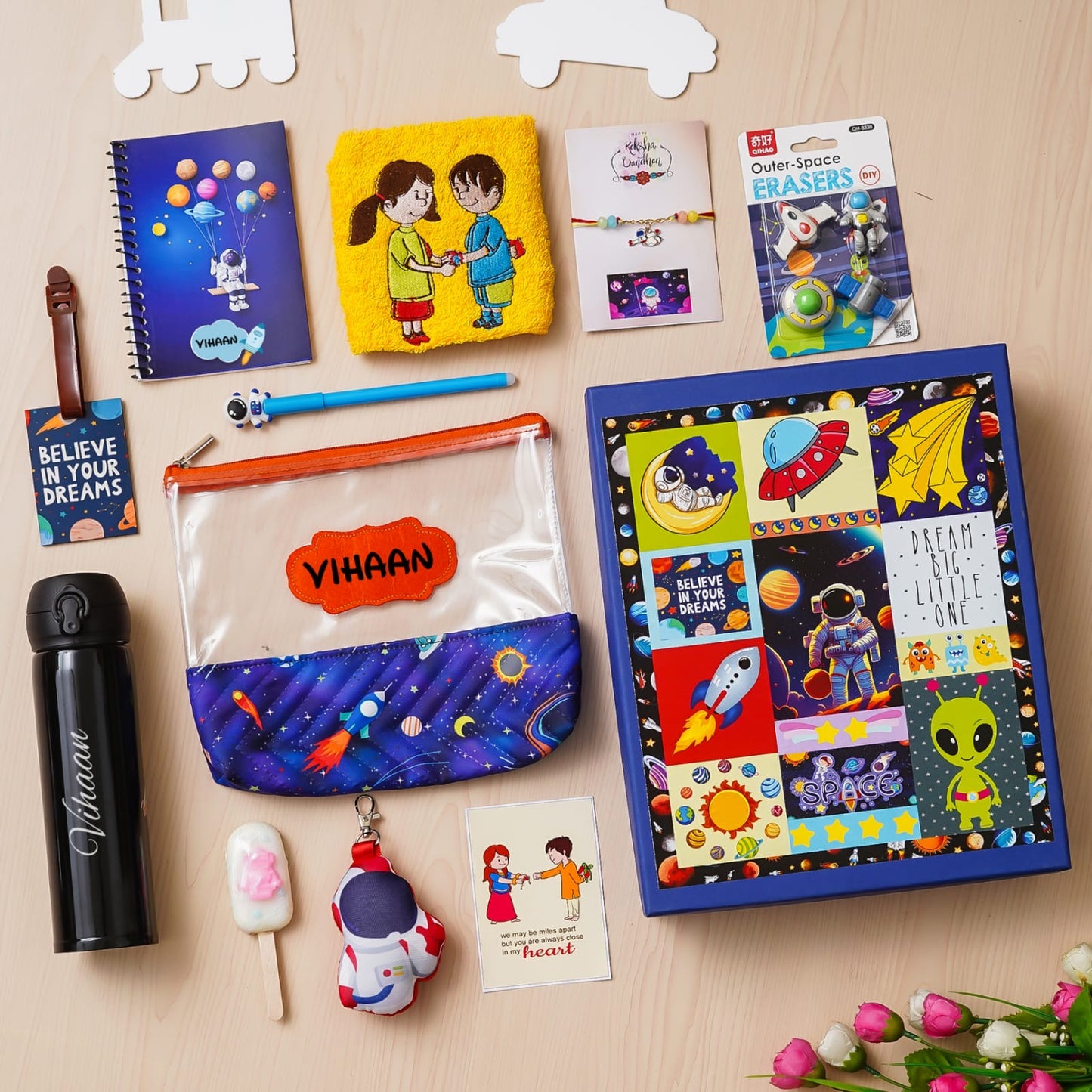 Premium Rakhi Hamper for Kids with Personalised Pouch, Notebook & Rakhi Gift Set