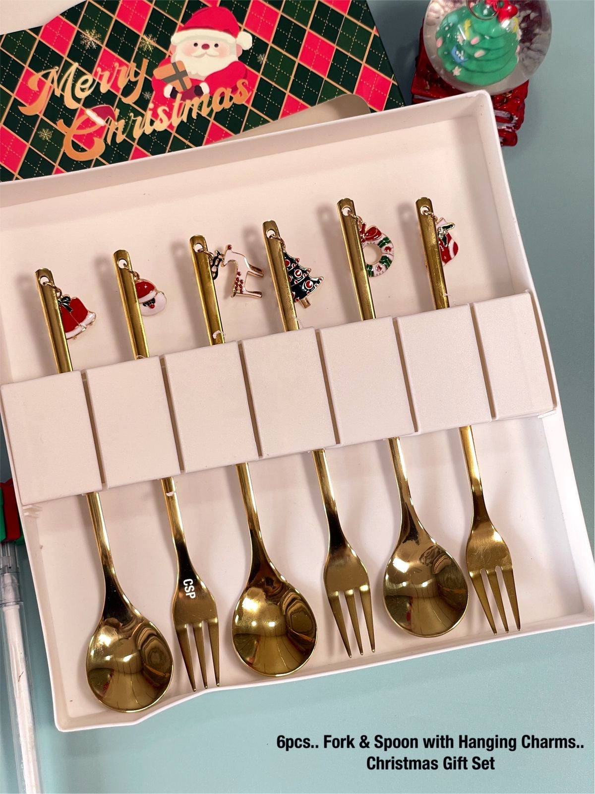 Christmas Special Stainless Steel Charms Spoon & Fork Set in Elegant Gift Box (Set of 6)