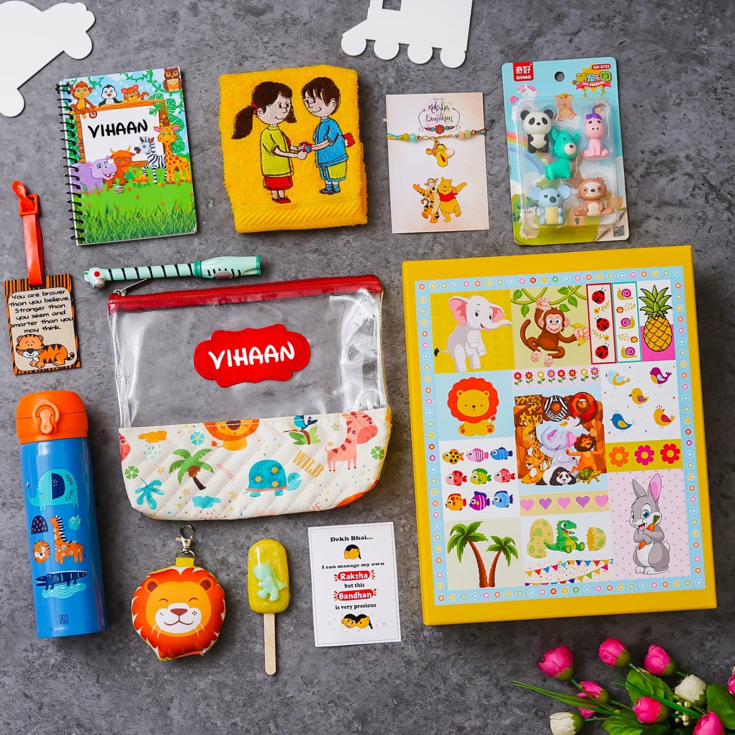 Premium Rakhi Hamper for Kids with Personalised Pouch, Notebook & Rakhi Gift Set