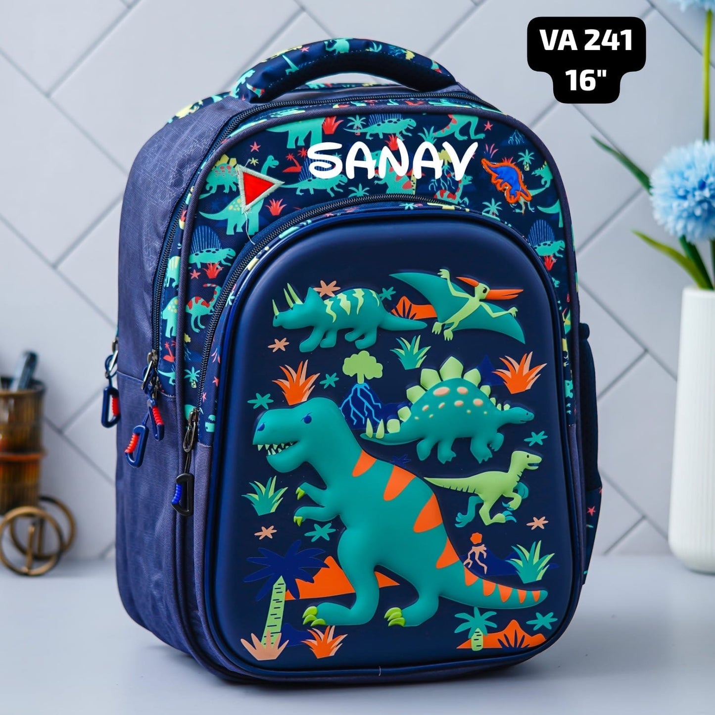 VA 241 Personalized Dinosaur Gift Hamper for Kids | Custom Lunch Box, Bag, Bottle & Pouch | Perfect Birthday Gift in India