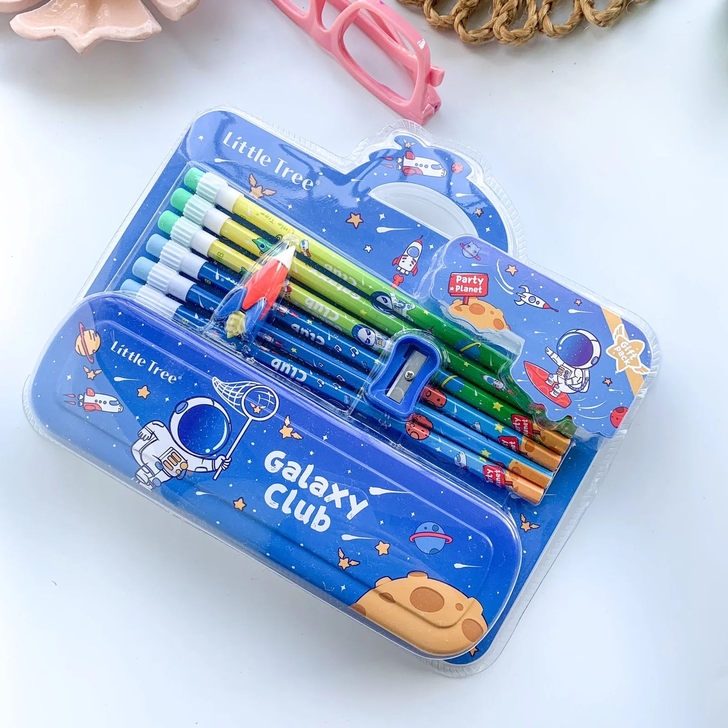 Space Themed Stationery Set for Kids with Metal Pencil Box, Pencils, Sharpener, and Eraser – Budget-Friendly Gift