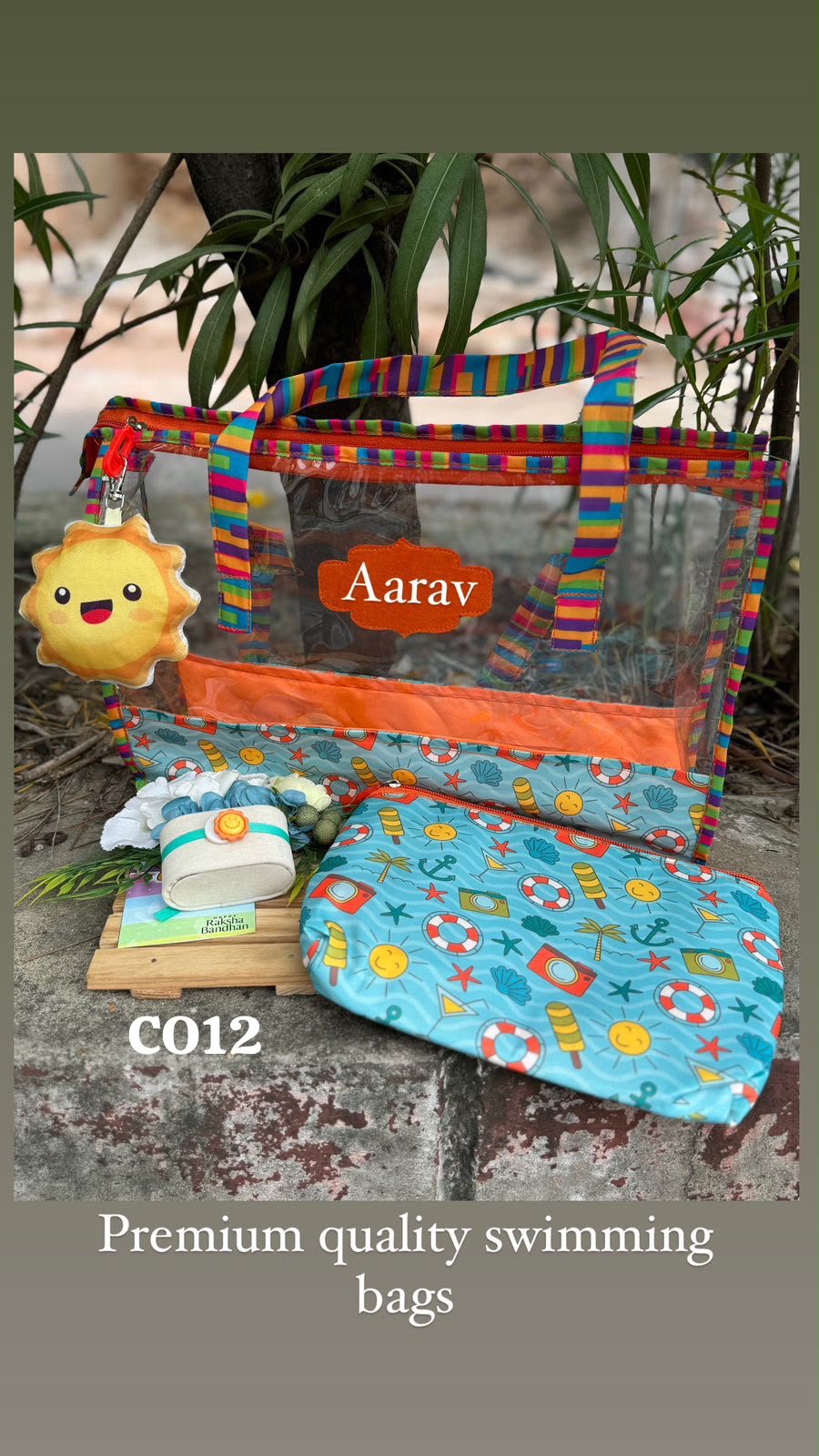 SKH- 03 Personalised Swimming Bag with Rakhi Gift Combo | Kids Rakhi Gift Hamper | Unicorn, Mermaid, Dino & Beach Themes