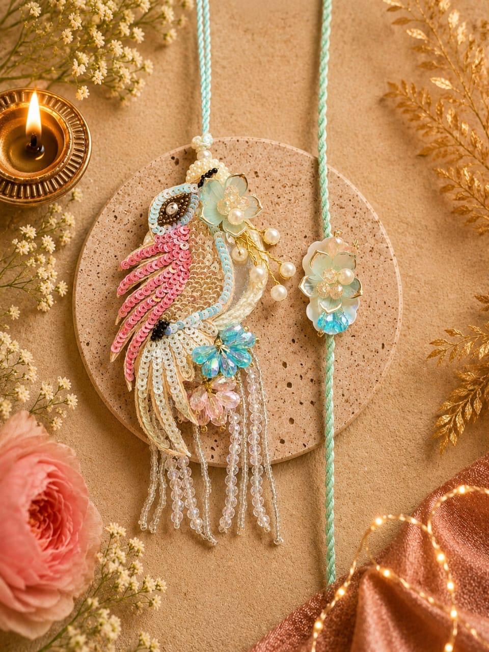 NB- 37 Bird Paradise Pastel Rakhi Lumba Set for Bhai Bhabhi | Premium Designer Bird Rakhi with Pearl & Crystal Detailing