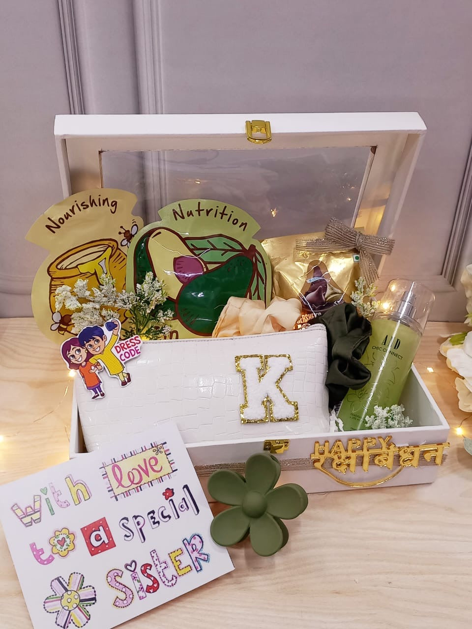 Personalised Pamper Hamper for Sister – Trunk Box with Body Mist, Chocolates, Sheet Masks & More