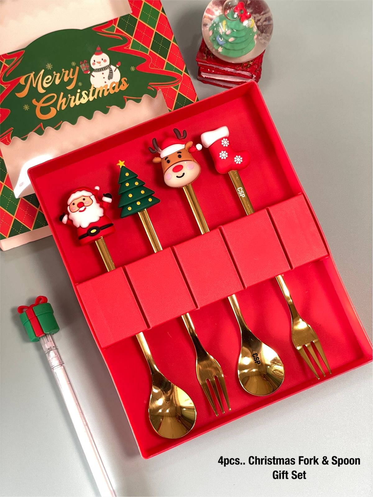 Christmas Special Characters Stainless Steel Spoon & Fork Set in Elegant Gift Box (Set of 4)