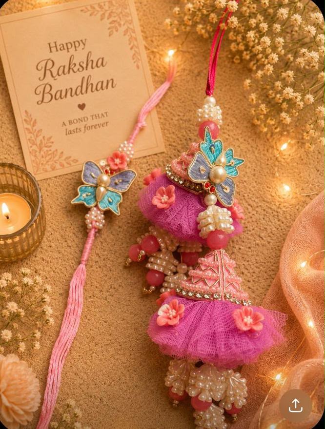 NB- #04 Traditional Embroidered Butterfly Rakhi Lumba Set | Double Lumba Bhaiya Bhabhi Rakhi | Handmade Rakhi 2026