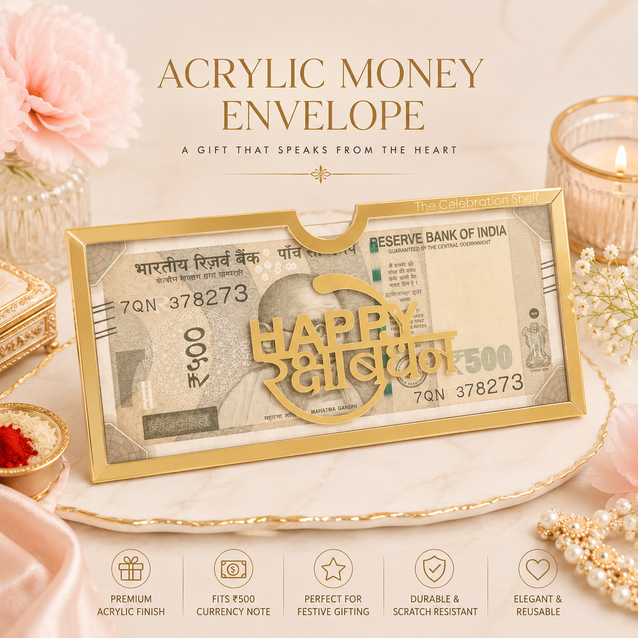 TCS RE-01 Raksha Bandhan Acrylic Money Envelope | Premium Reusable Shagun Envelope | Cash Gift Envelope 2026