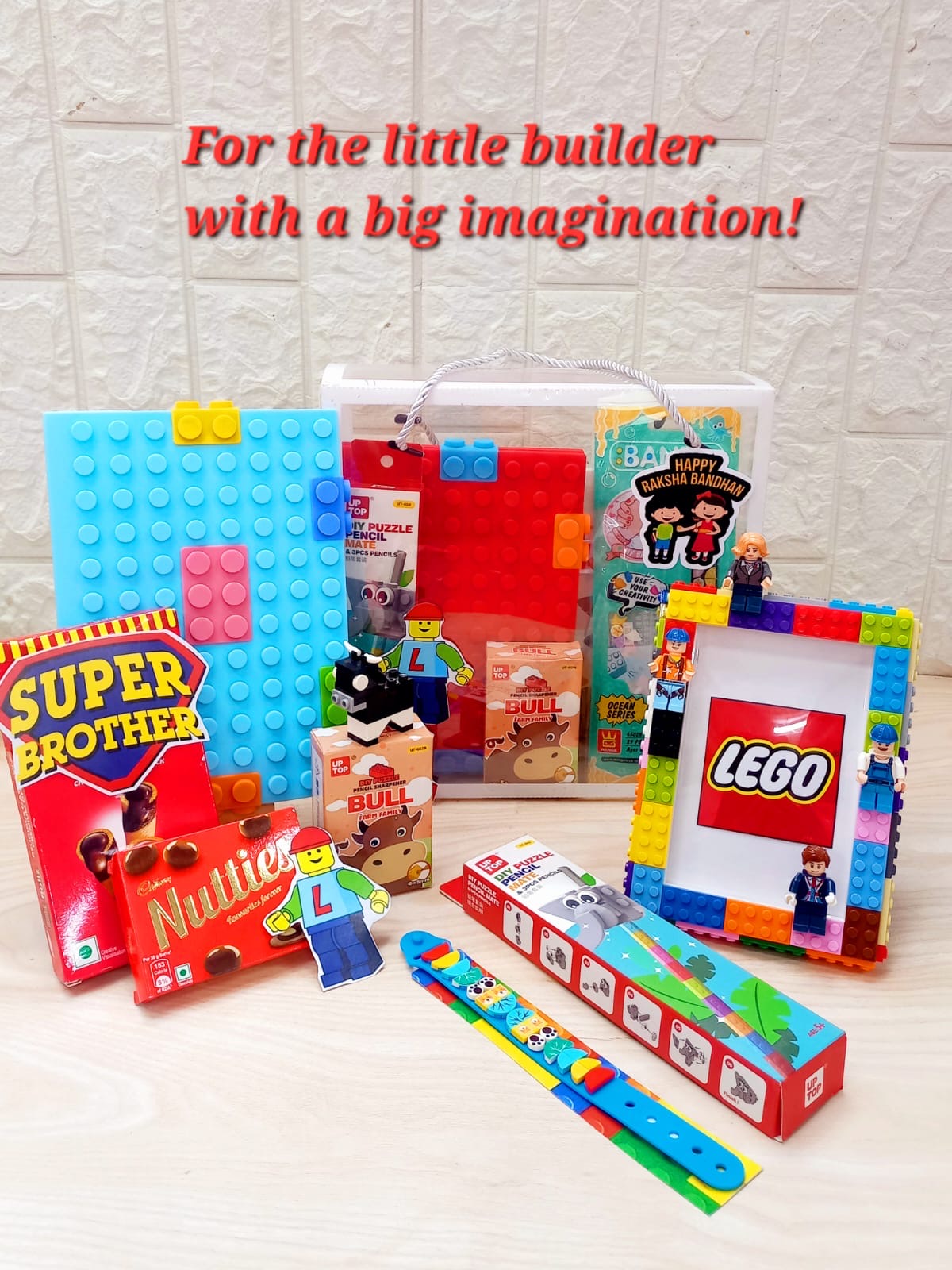 LEGO Rakhi Hamper for Kids – DIY Frame, Notebook, Band, Chocolates