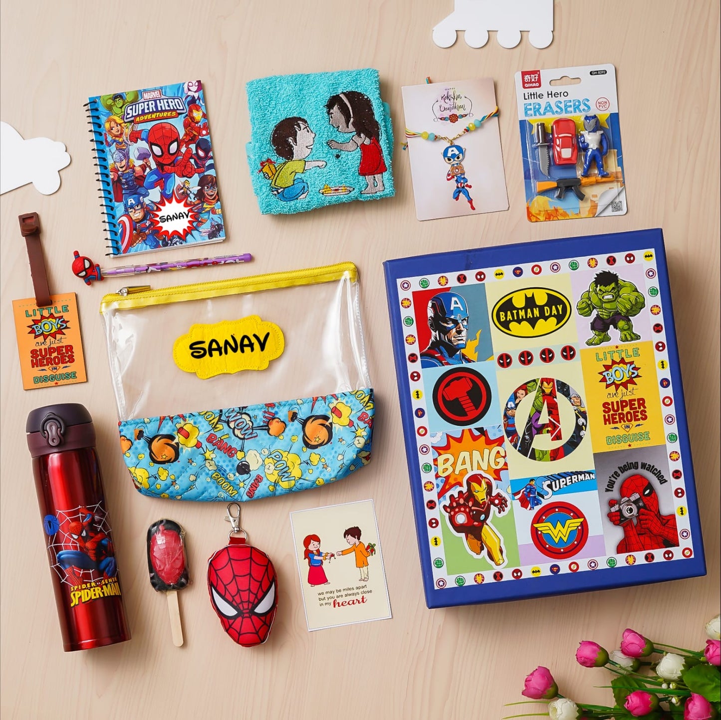 Premium Rakhi Hamper for Kids with Personalised Pouch, Notebook & Rakhi Gift Set
