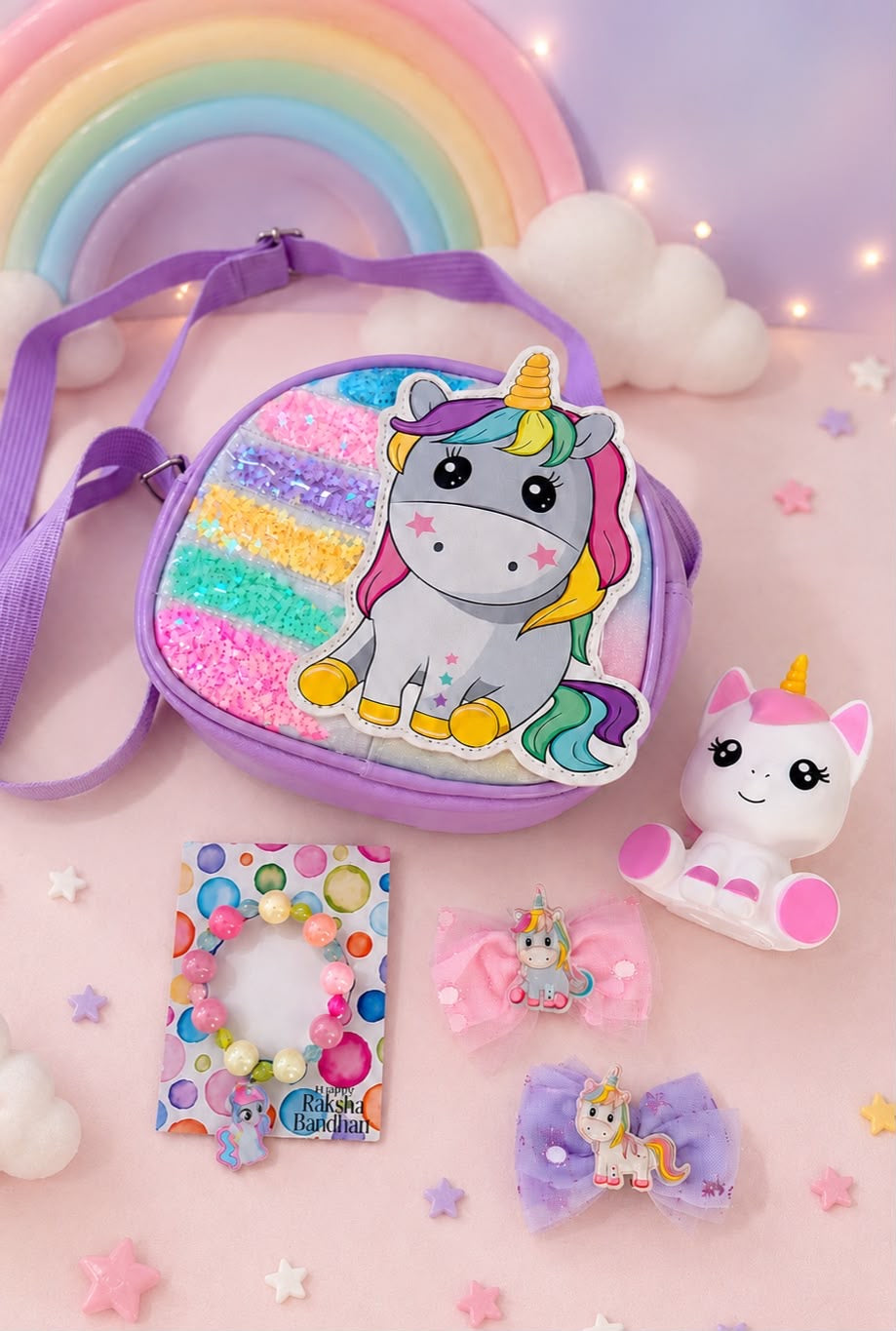 SKH- 01 Unicorn Rakhi Gift Hamper for Girls | Unicorn Sling Bag, Rakhi Bracelet, LED Lamp & Hair Accessories | Kids Rakhi Gift Combo 2026