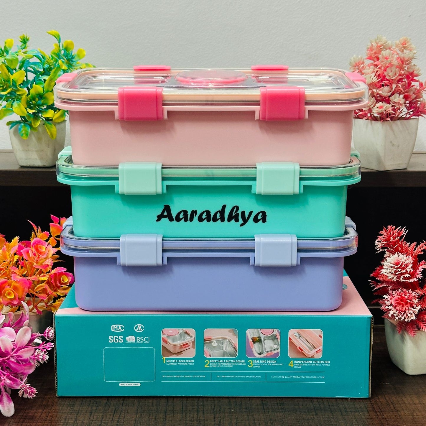 Insulated Bento Lunch Box - 4-Grid, Stainless Steel, Leak-Proof, 710ml with Steel Spoon & Chopsticks - Perfect for Office & School