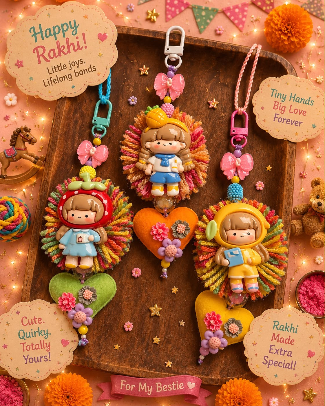 Colourful Girls Lumba Rakhi | Reusable Bag Charm & Keychain Rakhi for Girls | Cute Kids Rakhi 2026