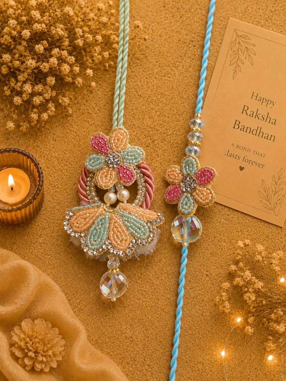 Cute Pastel Lumba Rakhi Set for Bhaiya Bhabhi | Crystal & Pearl Designer Rakhi Lumba Set | Rakhi 2026