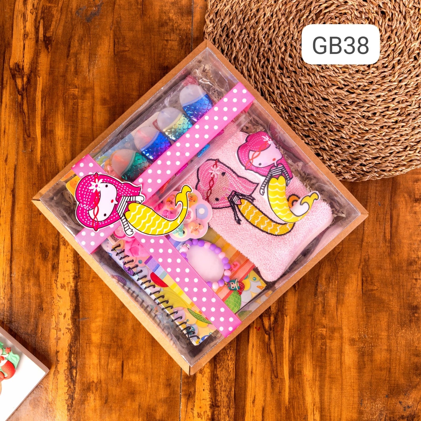 GB 38 ๐งโโ๏ธ Personalised Mermaid Box Hamper โ Custom Pouch, Bracelet, Towel & More | Rakhi Special Gift for Girls with Name Embroidery on Towel