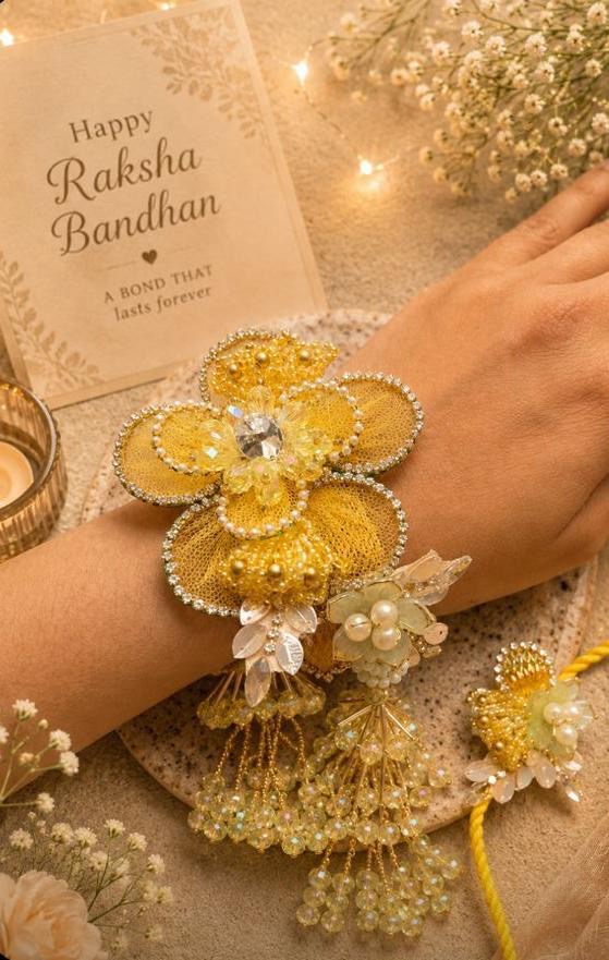 NB- 32 Luxury Reusable Bracelet Rakhi Set for Bhai Bhabhi | Premium Designer Bracelet Lumba with Crystal Floral Detailing