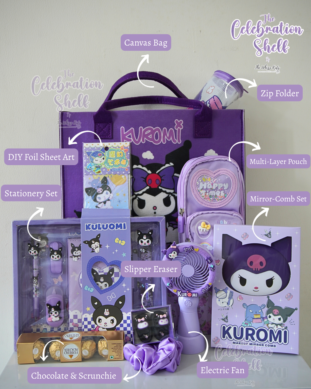 Kuromi Gift Hamper for Girls | Loaded Purple Themed Rakhi Special 2025 | Kawaii Stationery, Fan, Chocolates & More