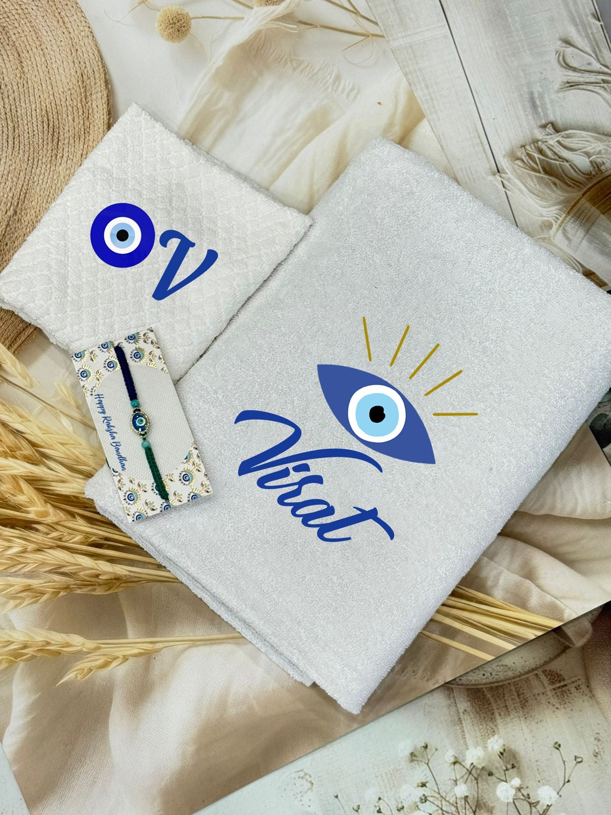 SHM- 024 Personalized Cotton Towel with Matching Charm Rakhi | Custom Name Gift Combo | Raksha Bandhan 2026