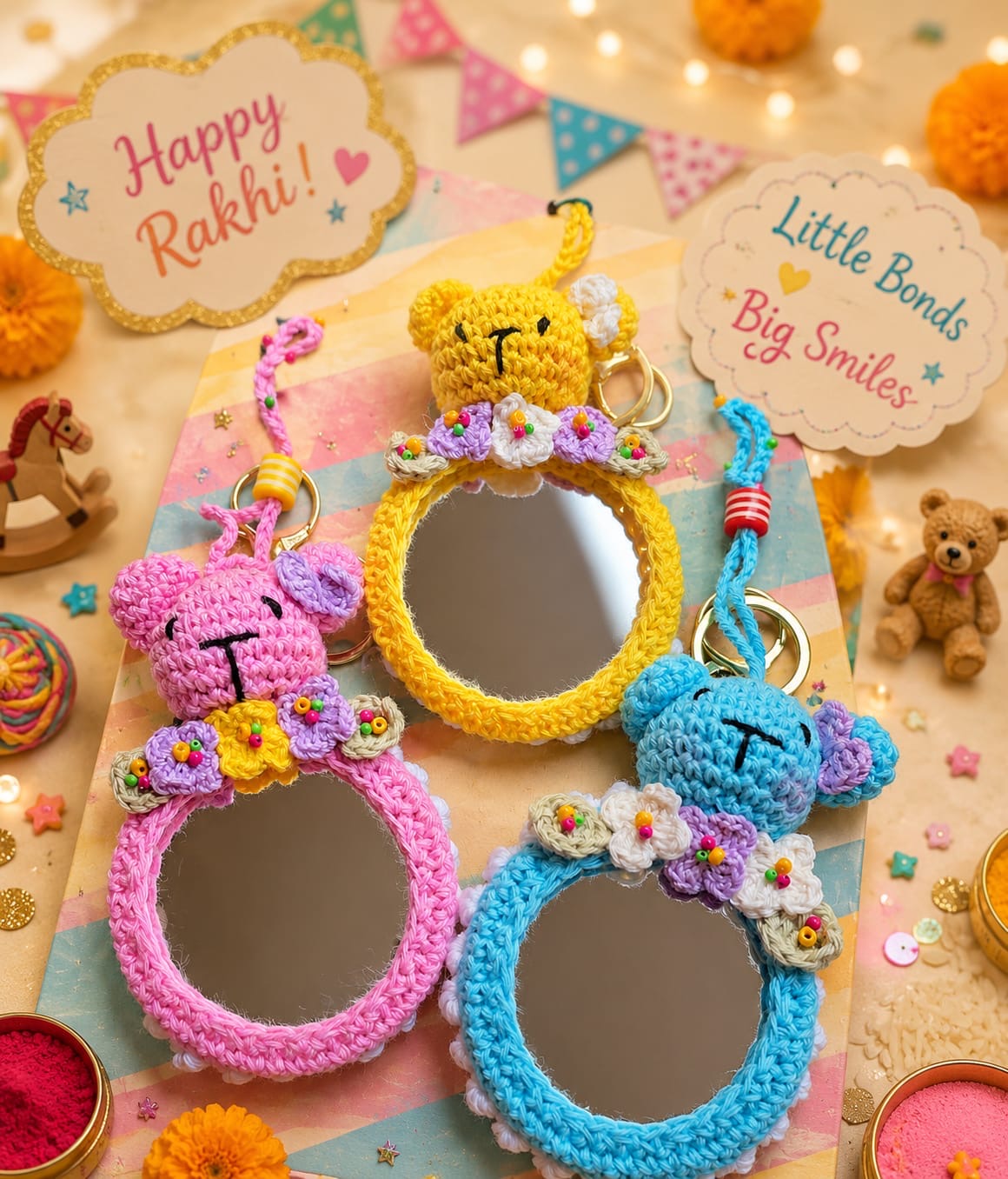 Hand Crocheted Bag Charm Rakhi for Girls | Reusable Adjustable Bracelet Rakhi with Mirror Detailing