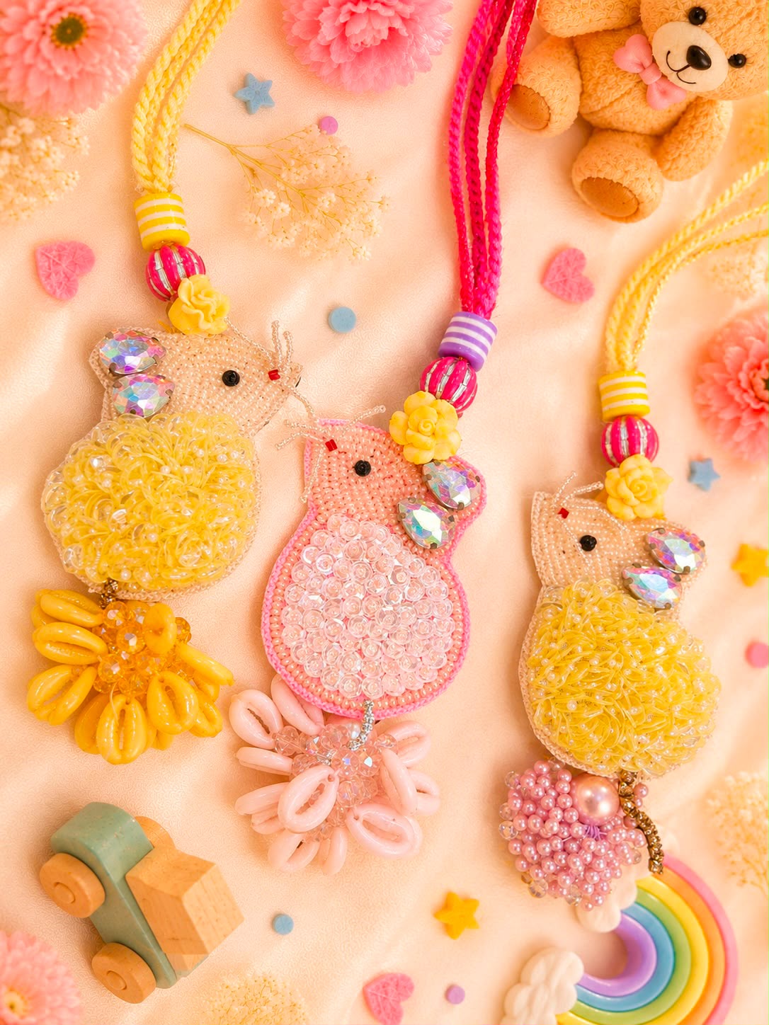 Three handmade owl-shaped keychains or bag charms in yellow and pink, decorated with beads, sequins, and iridescent rhinestones, arranged on a pastel pink background with decorative flowers, a teddy bear, and small toys.