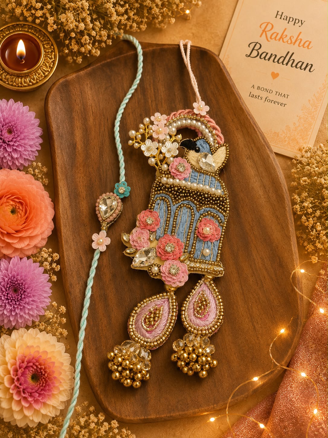 A decorative Rakhi with a matching teardrop pendant is displayed on a wooden board, surrounded by flowers, a lit candle, dried flowers, and a Rakhi Bandhan card.