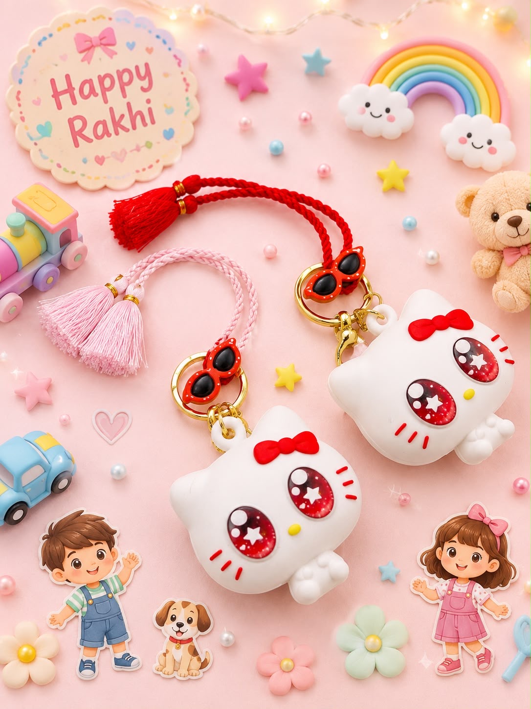 Two cute 3D Hello Kitty keychains with red tassels and gold rings, displayed on a pink background decorated with festive Rakhi-themed props like a rainbow, teddy bear, and flowers.