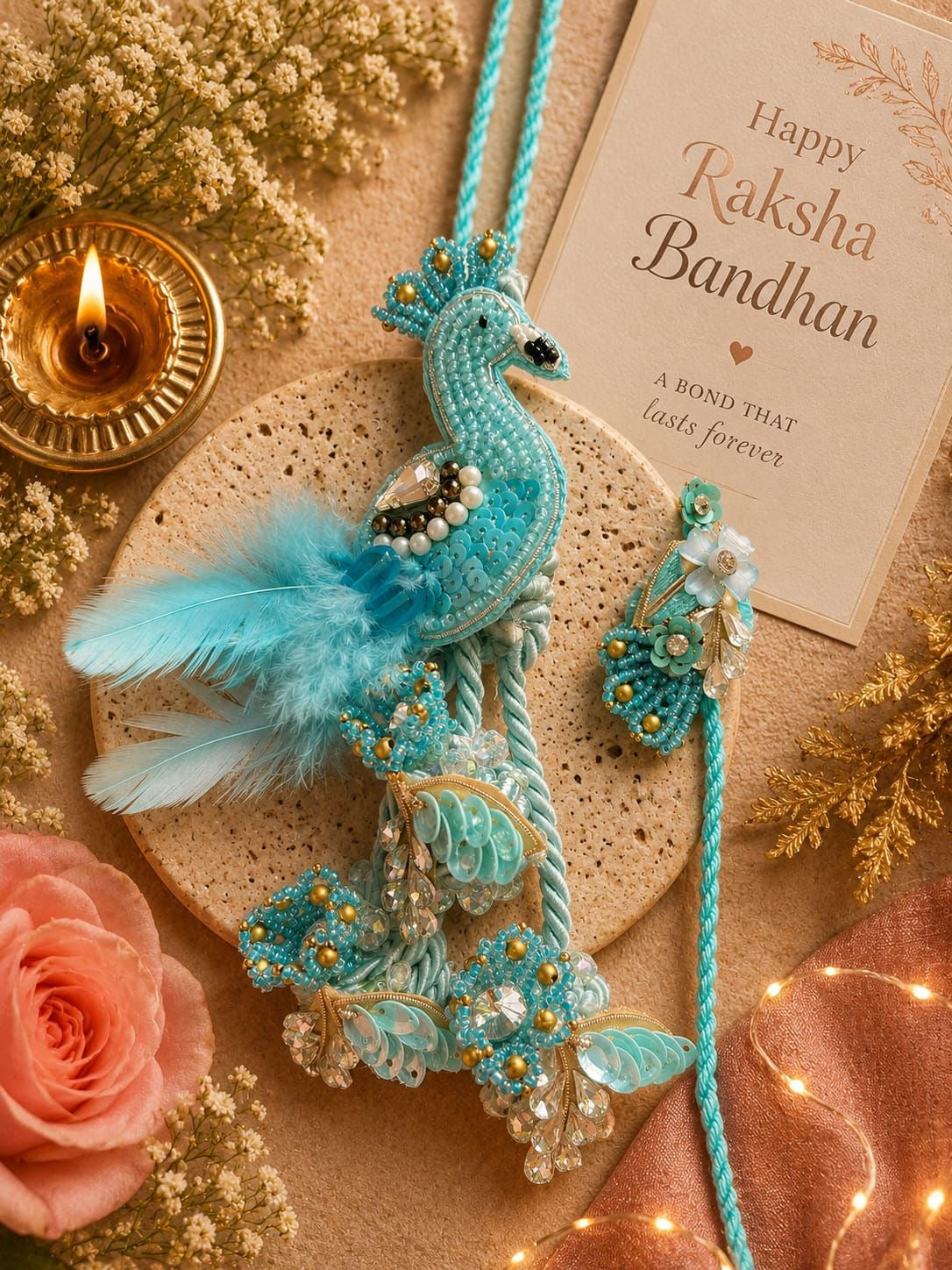 Premium Blue Peacock Designer Bhai Bhabhi Lumba Rakhi Set with Handcrafted Embellishments