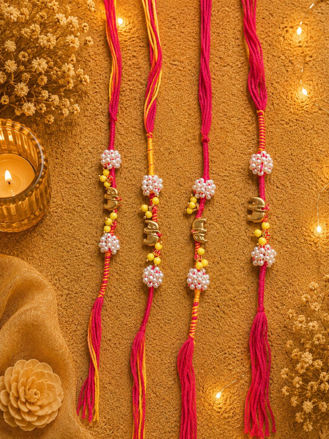 Traditional Mauli Thread Bhai Rakhi with Pearl Bead Detailing
