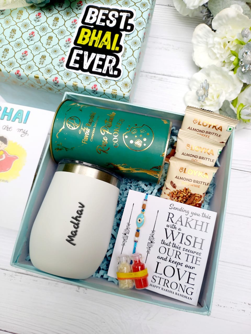 Personalised Rakhi Hamper for Brother – Insulatex Coffee Tumbler, Cookies, Almond Brittle & Evil Eye Rakhi