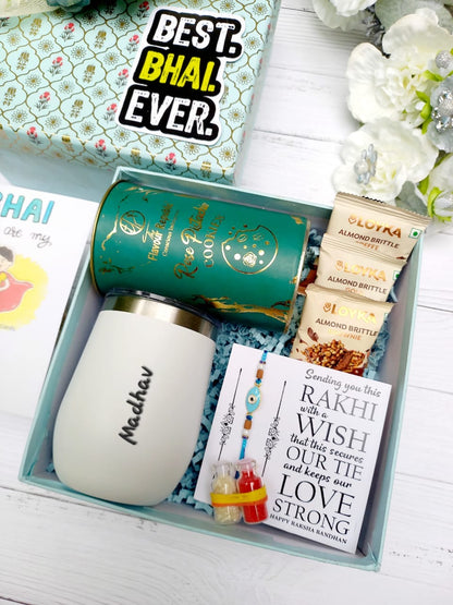 Personalised Rakhi Hamper for Brother – Insulatex Coffee Tumbler, Cookies, Almond Brittle & Evil Eye Rakhi