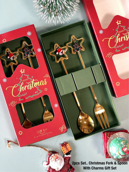Christmas Special Stainless Steel Charms Spoon & Fork Set in Elegant Gift Box (Set of 2)