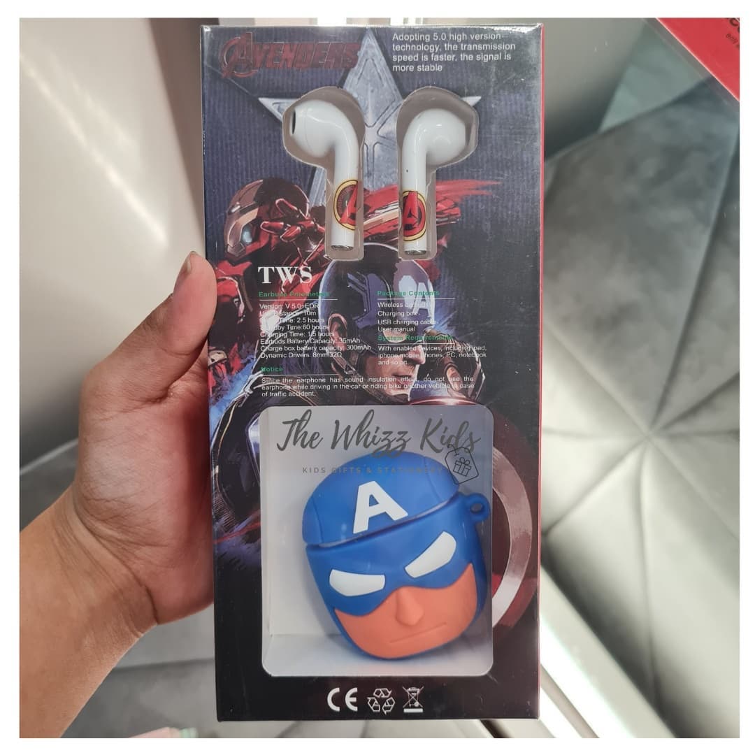 Wireless Earbuds with Cute Case – Dino, Captain America, Batman, Unicorn Themes Fiery Avengers- Captain America