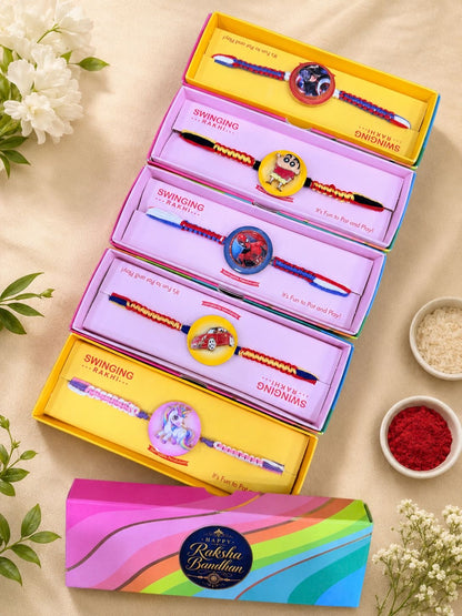 SK- 07 Premium Kids Spinner Rakhi Gift Box | Spider Hero, Captain Hero, Shinchan, Red Car & Unicorn | Raksha Bandhan 2026