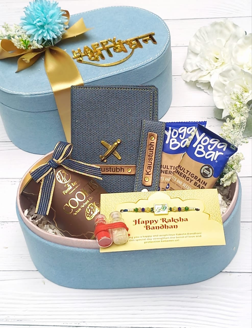 Denim Rakhi Hamper for Brother – Personalised Passport Cover, Keychain, Snacks & Morpankh Rakhi in Denim Box