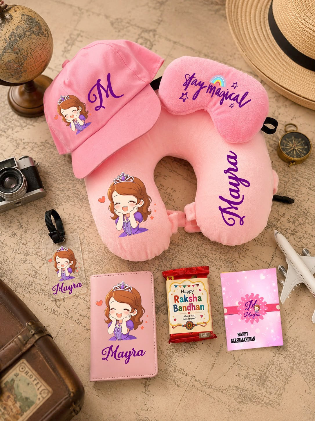 SHM- 028 Personalized Travel Gift Combo with Designer Rakhi | Neck Pillow, Passport Cover & Travel Essentials | Raksha Bandhan 2026
