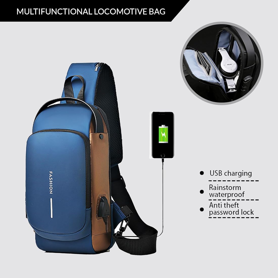 Multifuncional Chest Bag– Water Repellent| Anti-Theft| USB Slot| Perfect for Travel| Hiking| Airport| College
