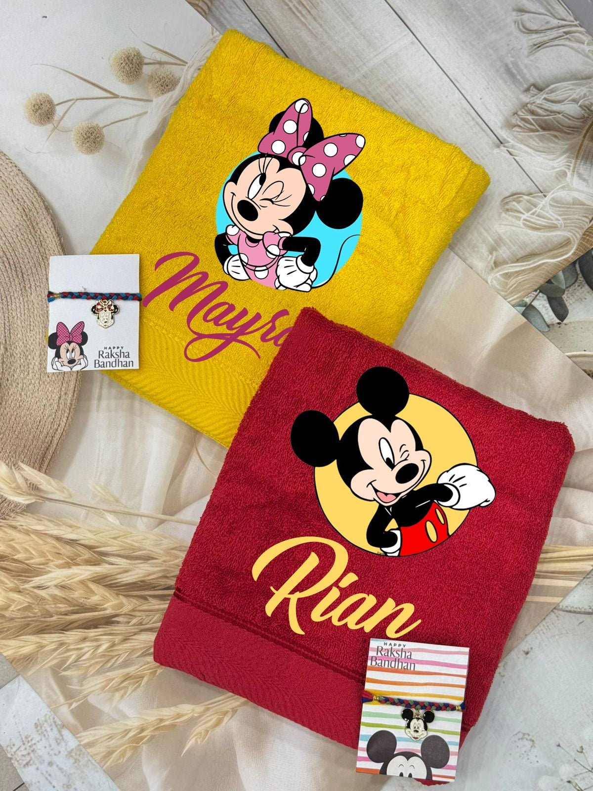 SHM- 024 Personalized Cotton Towel with Matching Charm Rakhi | Custom Name Gift Combo | Raksha Bandhan 2026