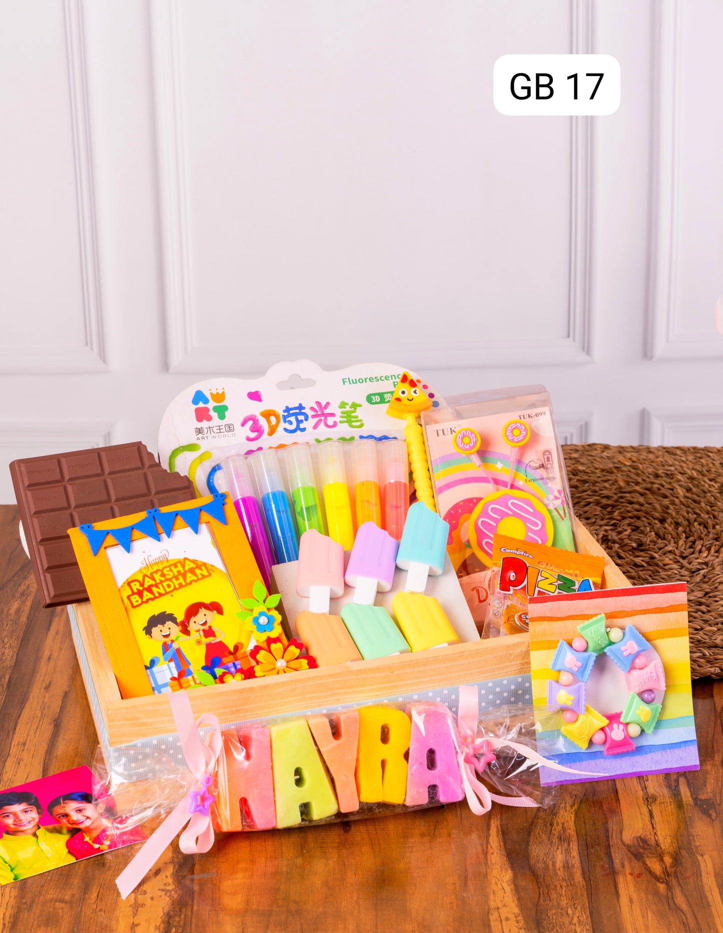 🎁 GB17 – Candy-Themed Personalised Rakhi Hamper for Kids | Name Soap, Diary, Fridge Magnet, Edible Pen & More