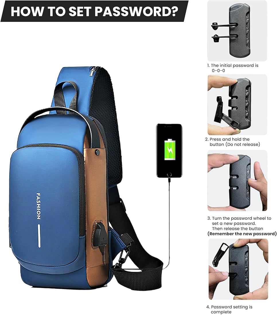 Multifuncional Chest Bag– Water Repellent| Anti-Theft| USB Slot| Perfect for Travel| Hiking| Airport| College