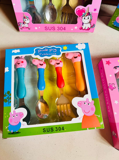 Peppa Pig/ Unicorn Cutlery Set (Set of 4) for Kids – Steel with Character Motifs