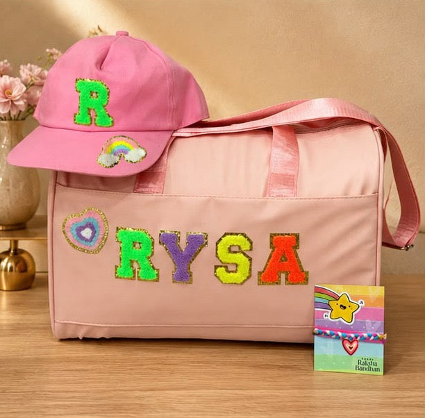 SHM-001 Personalized Kids Duffle Bag with Cap & Rakhi | Custom Name Travel Bag Gift Combo | Raksha Bandhan 2026