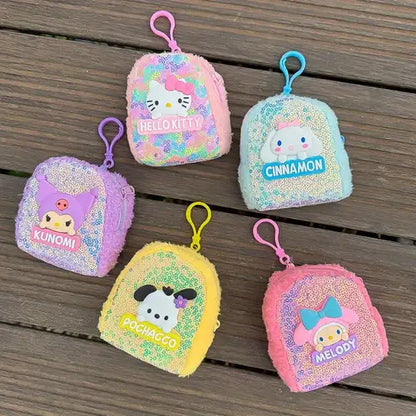 Sanrio Theme Inspired Kuromi, Hello Kitty, My Melody, Cinnamoroll & Pompompurin Mini Backpack Style Sequence Bag Keychain With Fur Detail