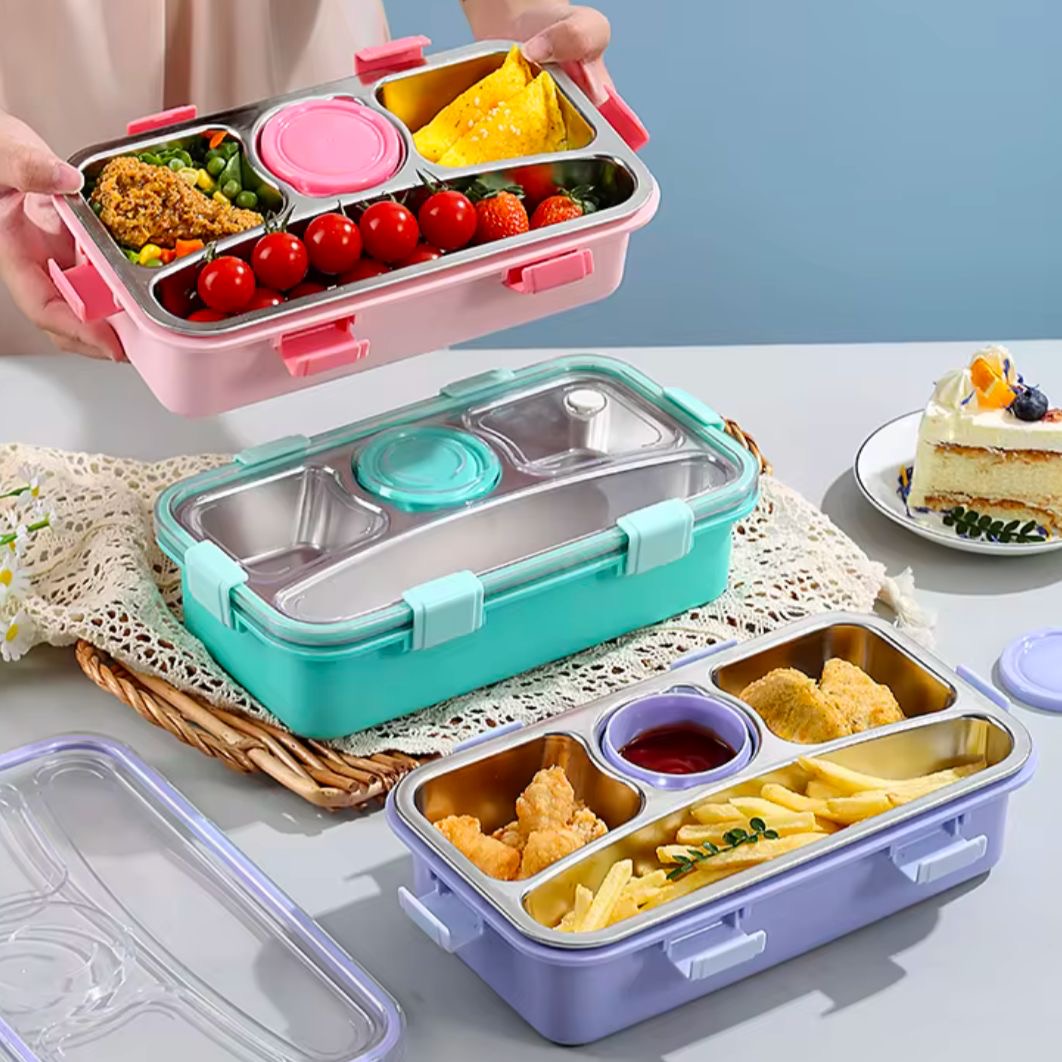 Insulated Bento Lunch Box - 4-Grid, Stainless Steel, Leak-Proof, 710ml with Steel Spoon & Chopsticks - Perfect for Office & School
