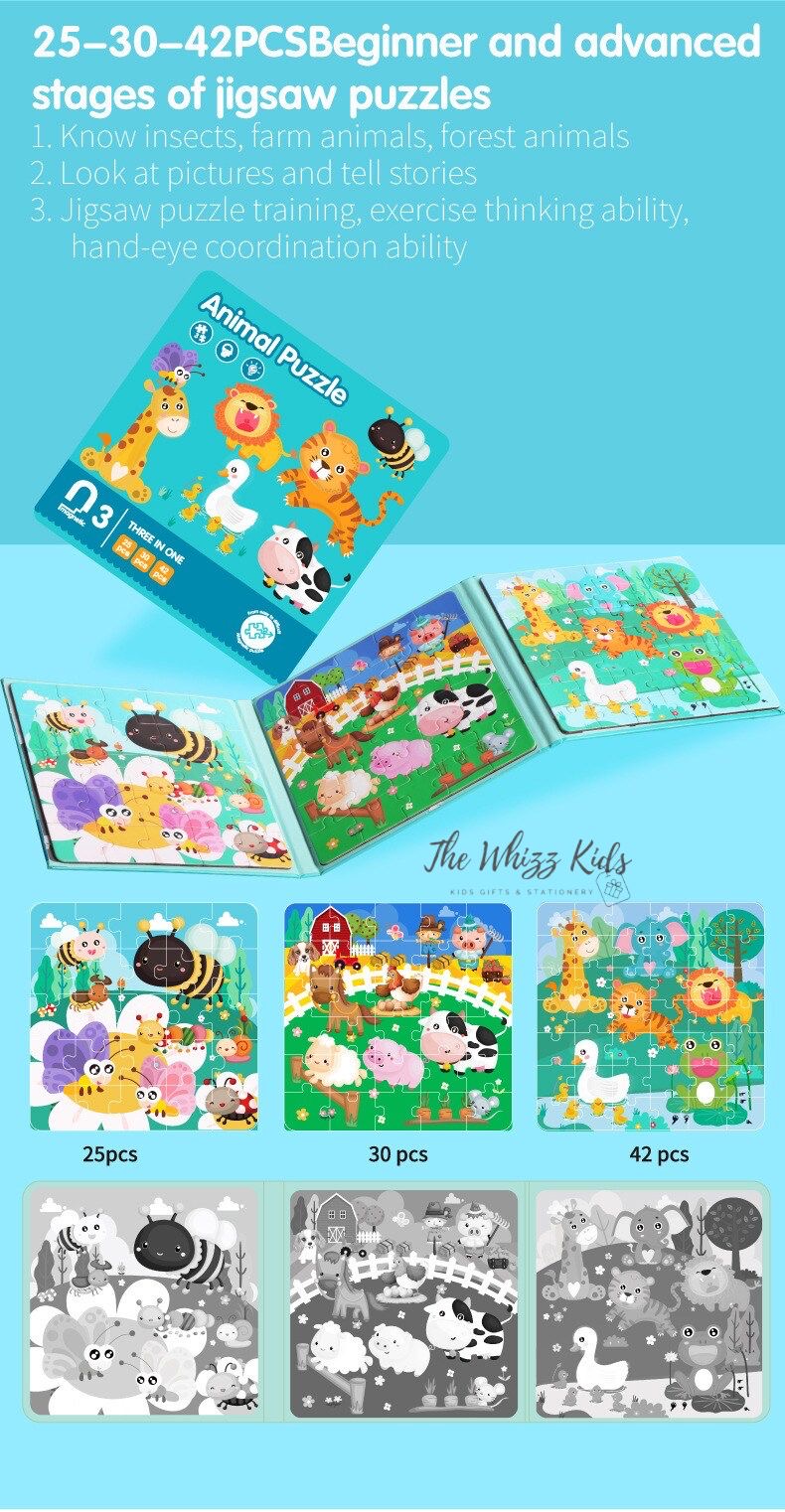New Magnetic 3-in-1 Puzzles Book – Animal, Vehicle, Ocean, Car Theme