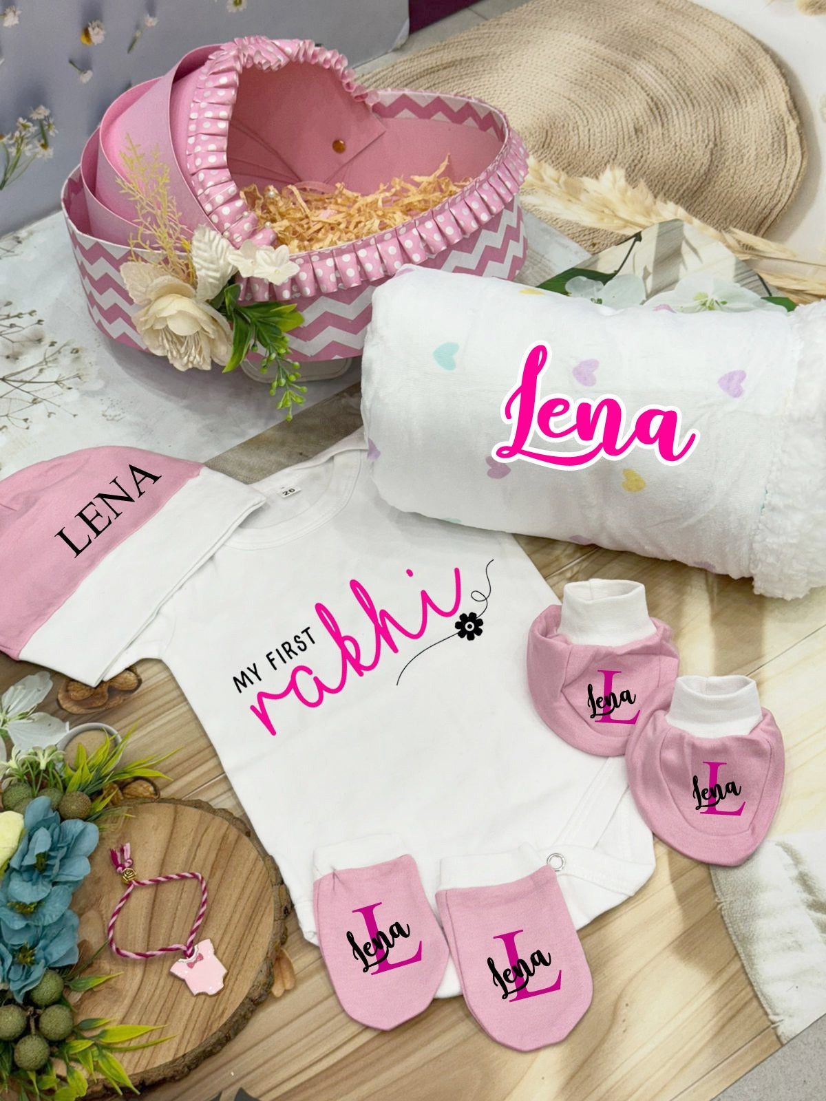 Baby’s First Rakhi Hamper – Romper, Blanket, Cap Set & Delicate Rakhi (Optional Cradle Upgrade)