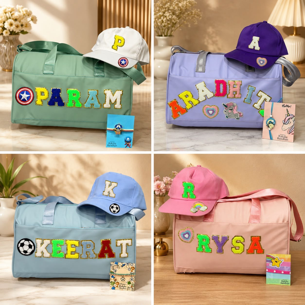SHM-001 Personalized Kids Duffle Bag with Cap & Rakhi | Custom Name Travel Bag Gift Combo | Raksha Bandhan 2026