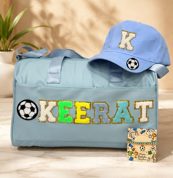 SHM-001 Personalized Kids Duffle Bag with Cap & Rakhi | Custom Name Travel Bag Gift Combo | Raksha Bandhan 2026