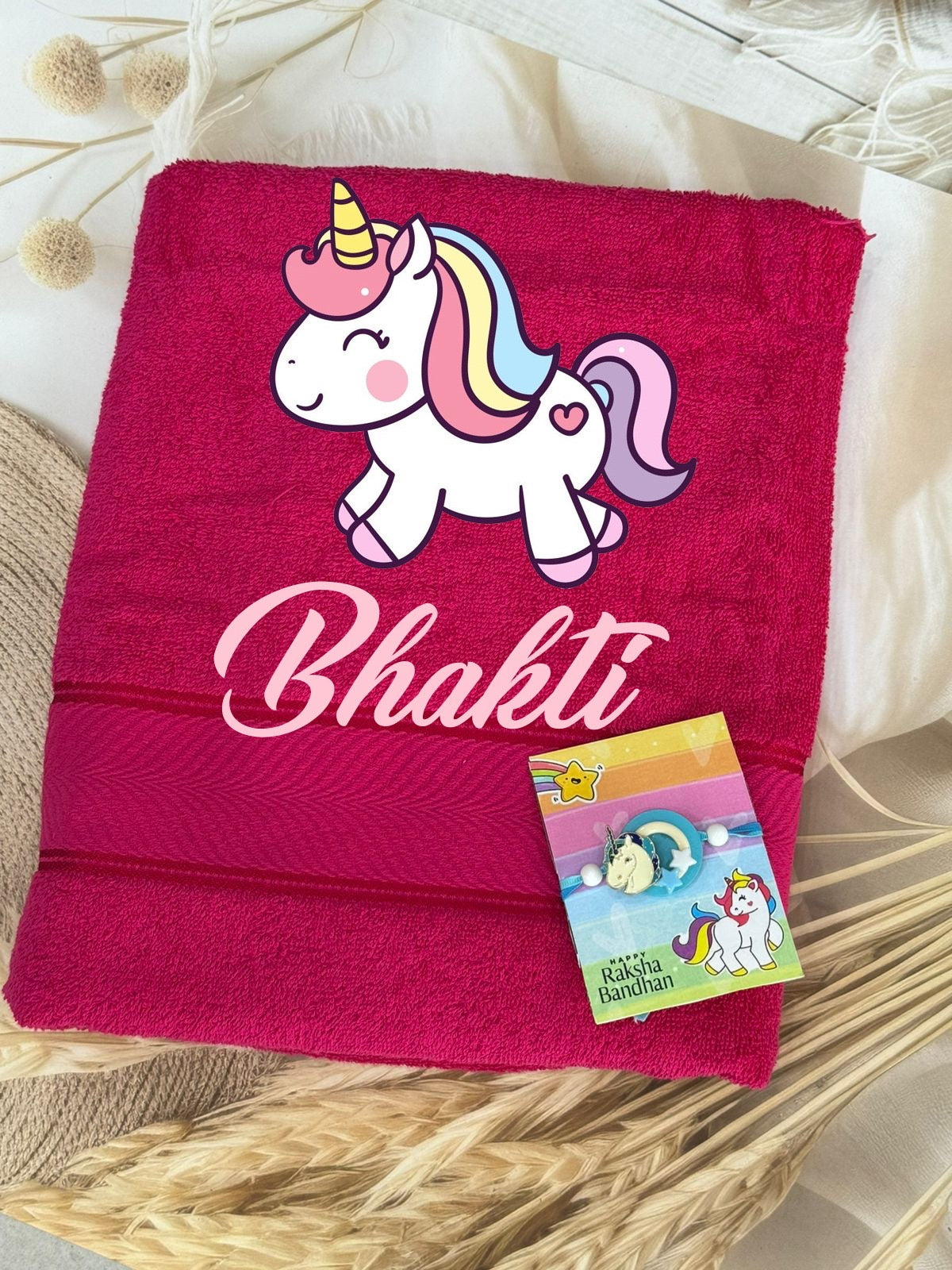 SHM- 024 Personalized Cotton Towel with Matching Charm Rakhi | Custom Name Gift Combo | Raksha Bandhan 2026