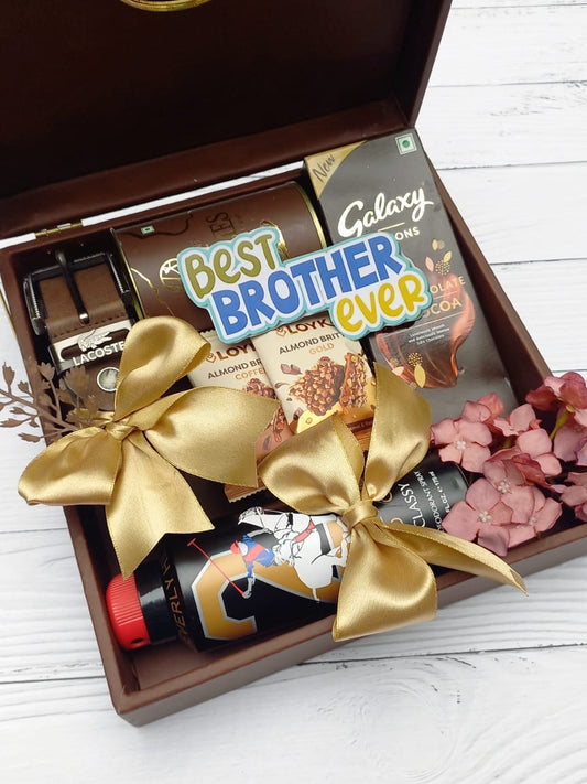 Elegant Rakhi Hamper for Brother – Premium Belt, Deo, Chocolates & Ganesha Rakhi in Reusable Rattan Box